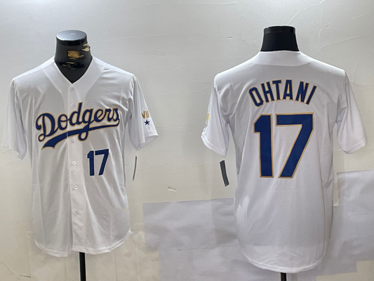 Los Angeles Dodgers #17 Shohei Ohtani Number White Gold Championship Stitched Cool Base Baseball Jerseys - Main View