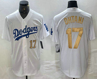 Los Angeles Dodgers #17 Shohei Ohtani Number White Gold Stitched Cool Base Jerseys Baseball Jersey - Main View