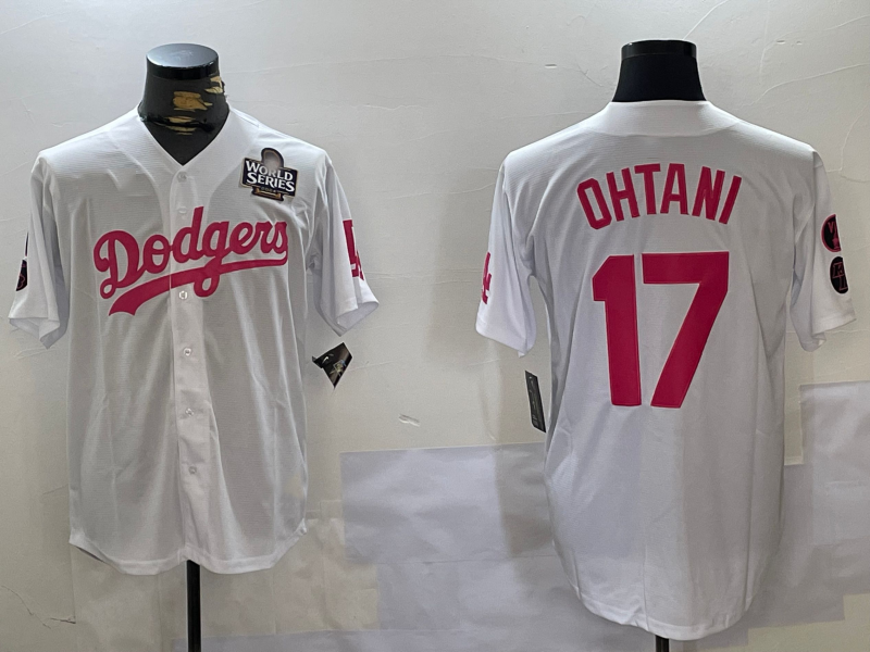 Los Angeles Dodgers #17 Shohei Ohtani Number White Pink 2024 World Series Limited Cool Base Stitched Baseball Jersey - Main View