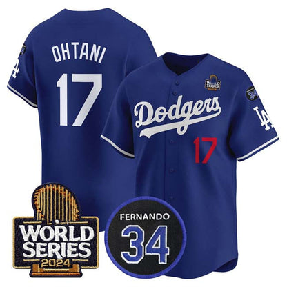 Los Angeles Dodgers #17 Shohei Ohtani Royal 2024 World Series With Fernando Memorial Patch Limited Stitched Baseball Jersey - Main View