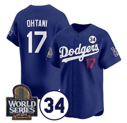 Los Angeles Dodgers #17 Shohei Ohtani Royal 2024 World Series With No. 34 Patch Cool Base Stitched Baseball Jersey - Main View