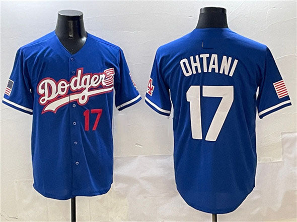 Los Angeles Dodgers #17 Shohei Ohtani Royal With American Flag Patch Limited Stitched Baseball Jersey - Main View