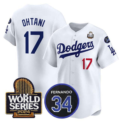 Los Angeles Dodgers #17 Shohei Ohtani White 2024 World Series With Fernando Memorial Patch Limited Stitched Baseball Jersey - Main View
