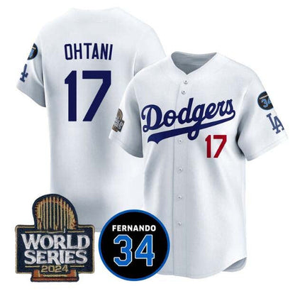 Los Angeles Dodgers #17 Shohei Ohtani White 2024 World Series With Fernando Memorial Patch Limited Stitched Baseball Jersey - Main View