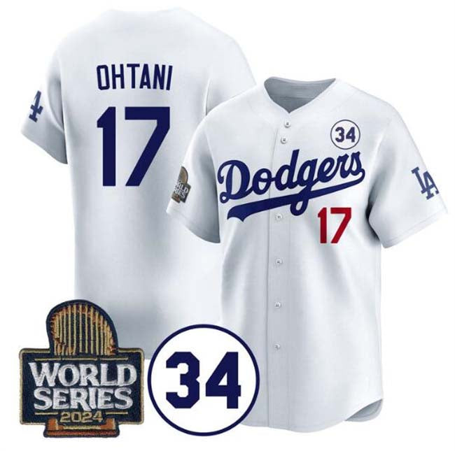 Los Angeles Dodgers #17 Shohei Ohtani White 2024 World Series With No. 34 Patch Limited Stitched Baseball Jersey - Main View