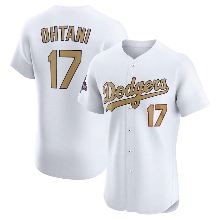 Los Angeles Dodgers #17 Shohei Ohtani White 2025 Gold Collection Elite Stitched Baseball Jersey - Main View
