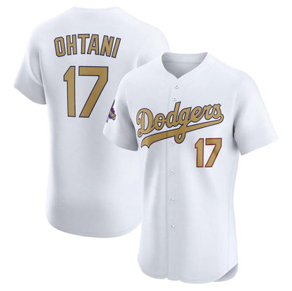 Los Angeles Dodgers #17 Shohei Ohtani White 2025 Gold Collection Elite Stitched Baseball Jersey - Main View