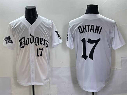 Los Angeles Dodgers #17 Shohei Ohtani White 2025 LA Gothic Style With 2024 World Series Champions Patch Vapor Premier Limited Stitched Baseball Jersey - Main View