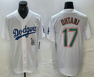 Los Angeles Dodgers #17 Shohei Ohtani White Green Stitched Cool Base Jersey Baseball Jersey - Main View