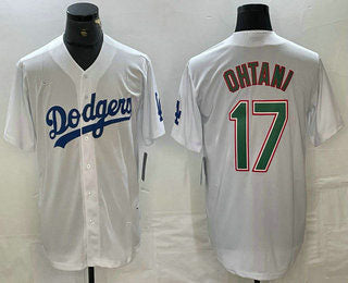 Los Angeles Dodgers #17 Shohei Ohtani White Green Stitched Cool Base Jerseys Baseball Jersey - Main View
