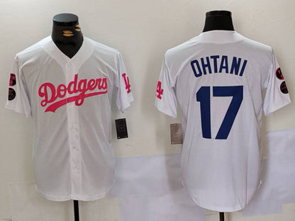 Los Angeles Dodgers #17 Shohei Ohtani White Pink Vin & Kobe Patch Stitched Baseball Jersey - Main View