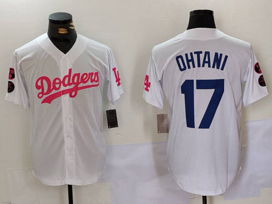 Los Angeles Dodgers #17 Shohei Ohtani White Pink Vin & Kobe Patch Stitched Baseball Jersey - Main View