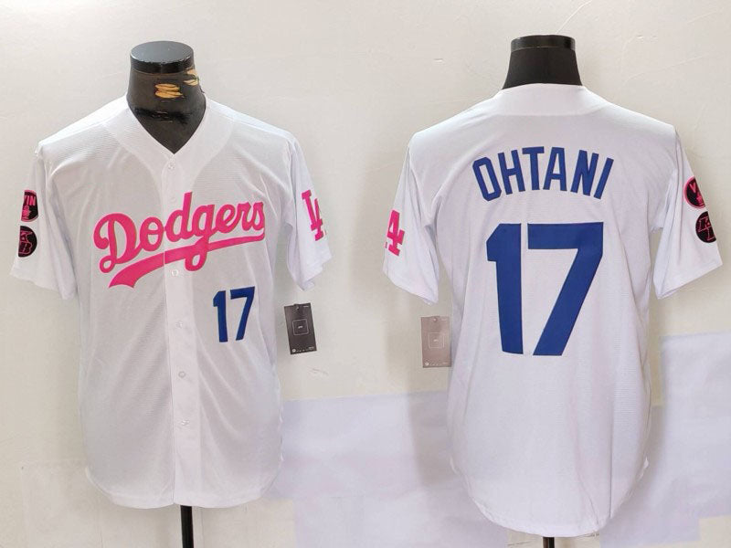 Los Angeles Dodgers #17 Shohei Ohtani White Pink Vin & Kobe Patch Stitched Baseball Jersey - Main View