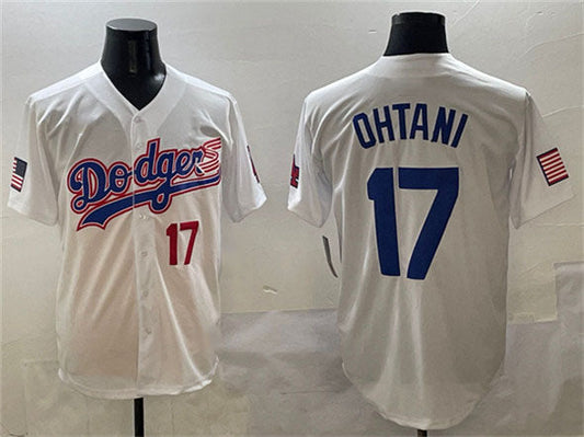 Los Angeles Dodgers #17 Shohei Ohtani White With American Flag Patch Limited Stitched Baseball Jersey - Main View