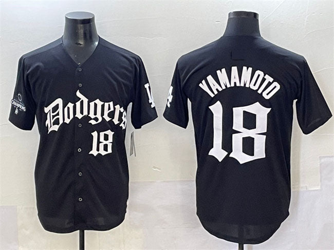 Los Angeles Dodgers #18 Yoshinobu Yamamoto Black 2025 LA Gothic Style With 2024 World Series Champions Patch Vapor Premier Limited Stitched Baseball Jersey - Main View