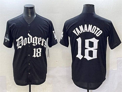 Los Angeles Dodgers #18 Yoshinobu Yamamoto Black 2025 LA Gothic Style With 2024 World Series Champions Patch Vapor Premier Limited Stitched Baseball Jersey - Main View