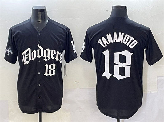 Los Angeles Dodgers #18 Yoshinobu Yamamoto Black 2025 LA Gothic Style With 2024 World Series Champions Patch Vapor Premier Limited Stitched Baseball Jersey - Main View