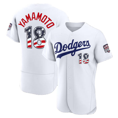 Los Angeles Dodgers #18 Yoshinobu Yamamoto Fourth of July White USA 250 Authentic Baseball Jersey - Main View