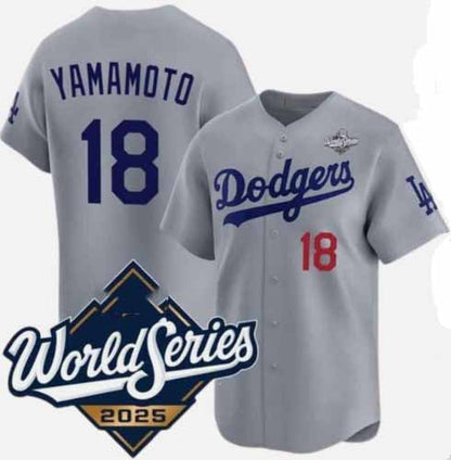 Los Angeles Dodgers #18 Yoshinobu Yamamoto Gray 2025 World Series Limited Stitched Baseball Jersey - Main View