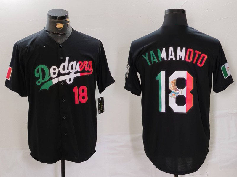 Los Angeles Dodgers #18 Yoshinobu Yamamoto Number Black Mexico Cool Base Stitched Baseball Jerseys - Main View