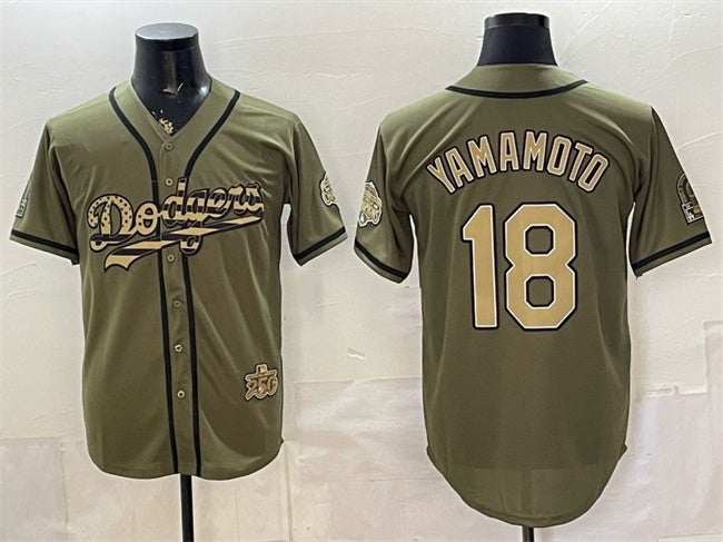 Los Angeles Dodgers #18 Yoshinobu Yamamoto Olive 2026 Armed Forces Day Stitched Jersey - Main View