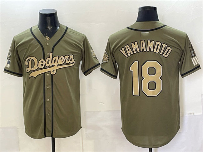 Los Angeles Dodgers #18 Yoshinobu Yamamoto Olive 2026 Armed Forces Day Stitched Jersey 2 - Main View