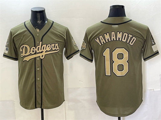 Los Angeles Dodgers #18 Yoshinobu Yamamoto Olive 2026 Armed Forces Day Stitched Jersey 2 - Main View