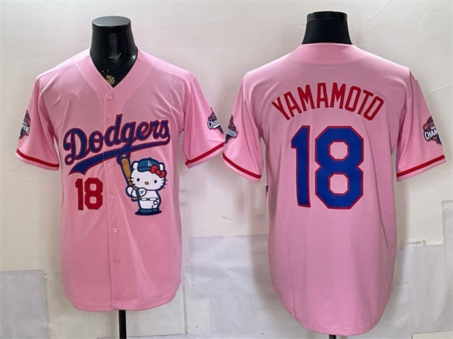 Los Angeles Dodgers #18 Yoshinobu Yamamoto Pink Hello Kitty Night 2025 World Series Champions Patch Stitched Jersey - Main View