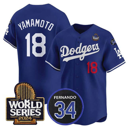Los Angeles Dodgers #18 Yoshinobu Yamamoto Royal 2024 World Series With Fernando Memorial Patch Limited Stitched Baseball Jersey - Main View