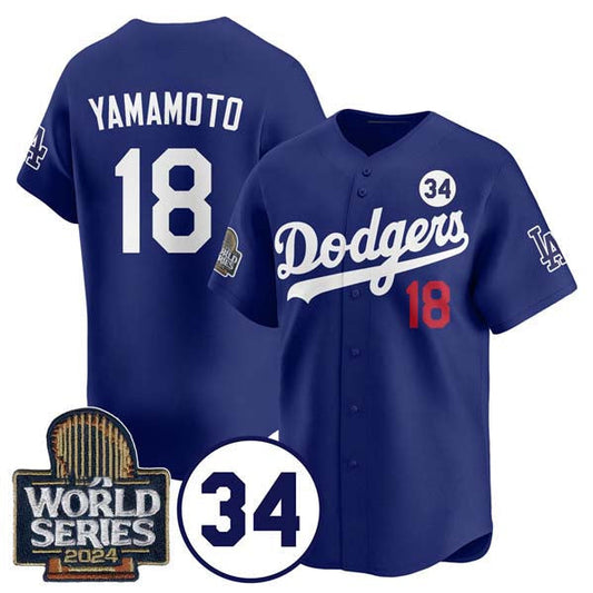 Los Angeles Dodgers #18 Yoshinobu Yamamoto Royal 2024 World Series With No. 34 Patch Cool Base Stitched Baseball Jersey - Main View
