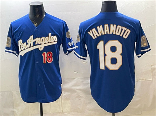 Los Angeles Dodgers #18 Yoshinobu Yamamoto Royal 2026 Gold Collection 9x & B2B Champs Patch Stitched Baseball Jersey - Main View