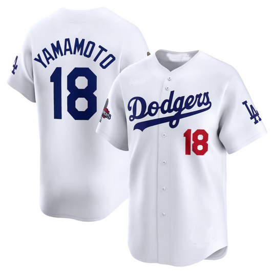 Los Angeles Dodgers #18 Yoshinobu Yamamoto White 2024 World Series Champions Home Limited Stitched Baseball Jersey - Main View