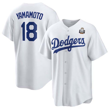Los Angeles Dodgers #18 Yoshinobu Yamamoto White 2024 World Series Cool Base Stitched Baseball Jersey - Main View