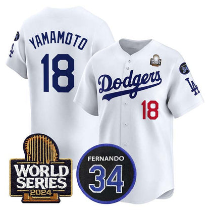 Los Angeles Dodgers #18 Yoshinobu Yamamoto White 2024 World Series With Fernando Memorial Patch Limited Stitched Baseball Jersey - Main View