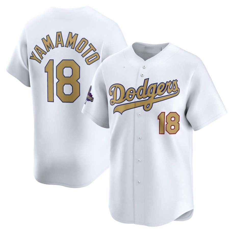 Los Angeles Dodgers #18 Yoshinobu Yamamoto White 2025 Gold Collection Limited Stitched Baseball Jersey - Main View