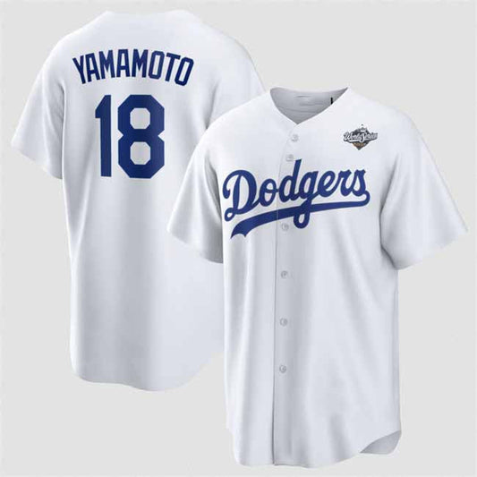 Los Angeles Dodgers #18 Yoshinobu Yamamoto White 2025 World Series Home Cool Base Stitched Baseball Jersey - Main View
