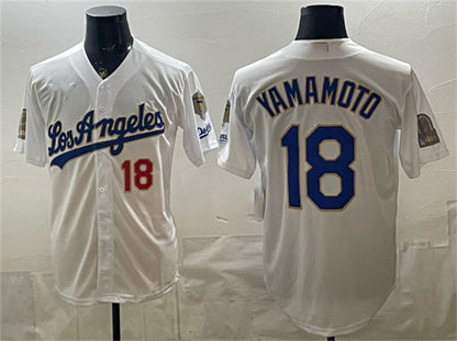 Los Angeles Dodgers #18 Yoshinobu Yamamoto White 2026 Gold Collection 9x & B2B Champs Patch Stitched Baseball Jersey - Main View