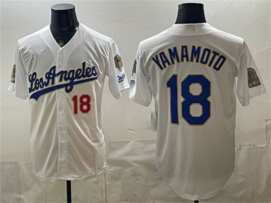 Los Angeles Dodgers #18 Yoshinobu Yamamoto White 2026 Gold Collection 9x & B2B Champs Patch Stitched Baseball Jersey - Main View