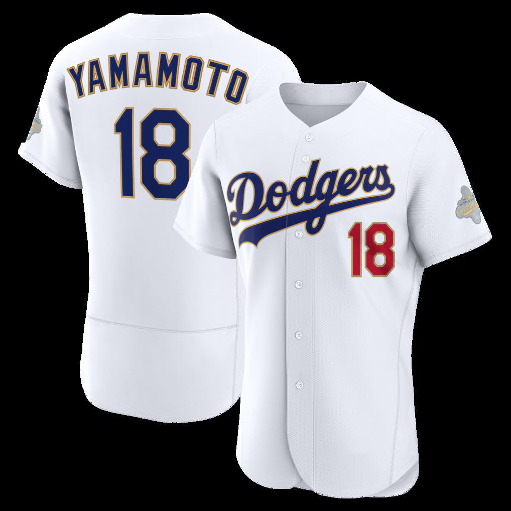 Los Angeles Dodgers #18 Yoshinobu Yamamoto White 2026 Gold Collection Authentic Stitched Baseball Jersey - Main View