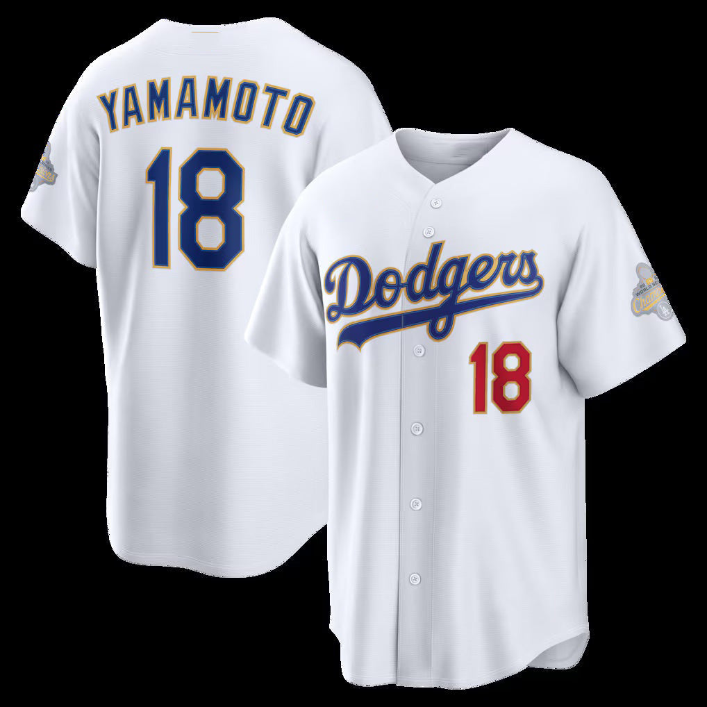 Los Angeles Dodgers #18 Yoshinobu Yamamoto White 2026 Gold Collection Stadium Stitched Baseball Jersey - Main View