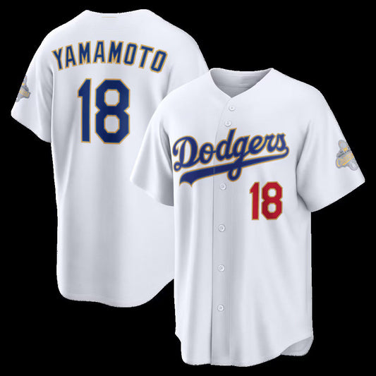 Los Angeles Dodgers #18 Yoshinobu Yamamoto White 2026 Gold Collection Stadium Stitched Baseball Jersey - Main View