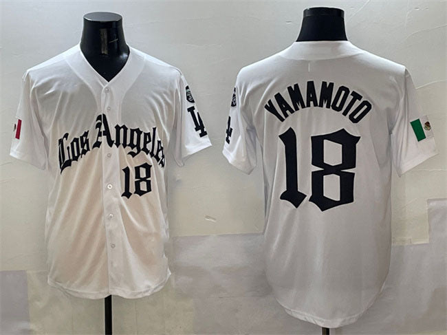 Los Angeles Dodgers #18 Yoshinobu Yamamoto White Mexico 2025 LA Gothic Style With Fernando Patch Vapor Premier Limited Stitched Baseball Jersey - Main View