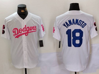 Los Angeles Dodgers #18 Yoshinobu Yamamoto White Pink Vin & Kobe Patch Stitched Baseball Jersey - Main View