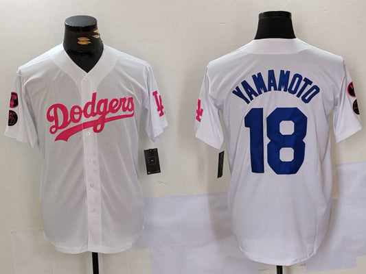Los Angeles Dodgers #18 Yoshinobu Yamamoto White Pink Vin & Kobe Patch Stitched Baseball Jersey - Main View