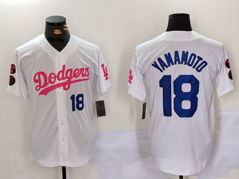 Los Angeles Dodgers #18 Yoshinobu Yamamoto White Pink Vin & Kobe Patch Stitched Baseball Jersey - Main View