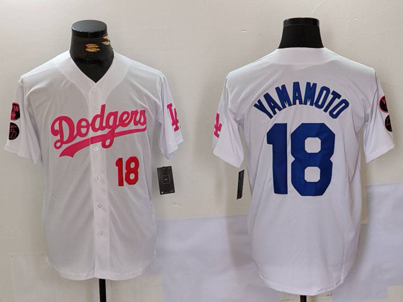 Los Angeles Dodgers #18 Yoshinobu Yamamoto White Pink Vin & Kobe Patch Stitched Baseball Jersey - Main View