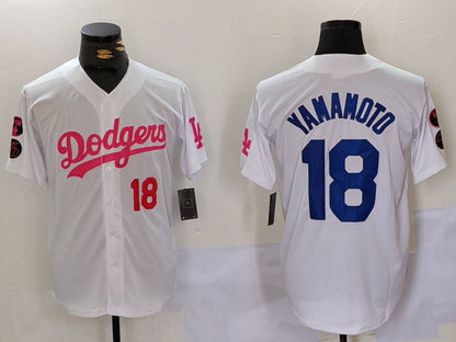 Los Angeles Dodgers #18 Yoshinobu Yamamoto White Pink Vin & Kobe Patch Stitched Baseball Jersey - Main View