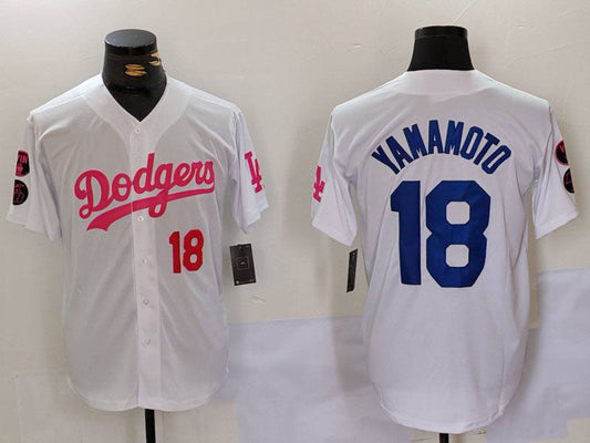 Los Angeles Dodgers #18 Yoshinobu Yamamoto White Pink Vin & Kobe Patch Stitched Baseball Jersey - Main View