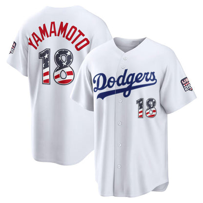 Los Angeles Dodgers #18 Yoshinobu Yamamoto White USA 250 Fourth of July Home Stadium Jersey - Main View