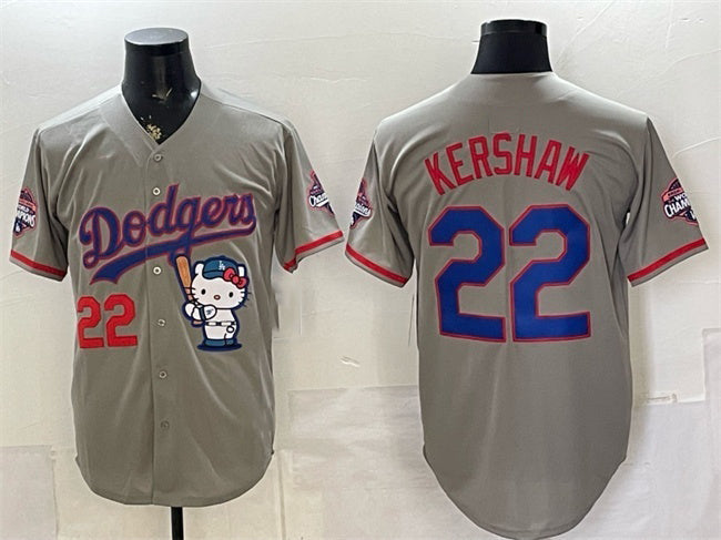 Los Angeles Dodgers #22 Clayton Kershaw Grey Hello Kitty Night 2025 World Series Champions Patch Stitched Jersey - Main View